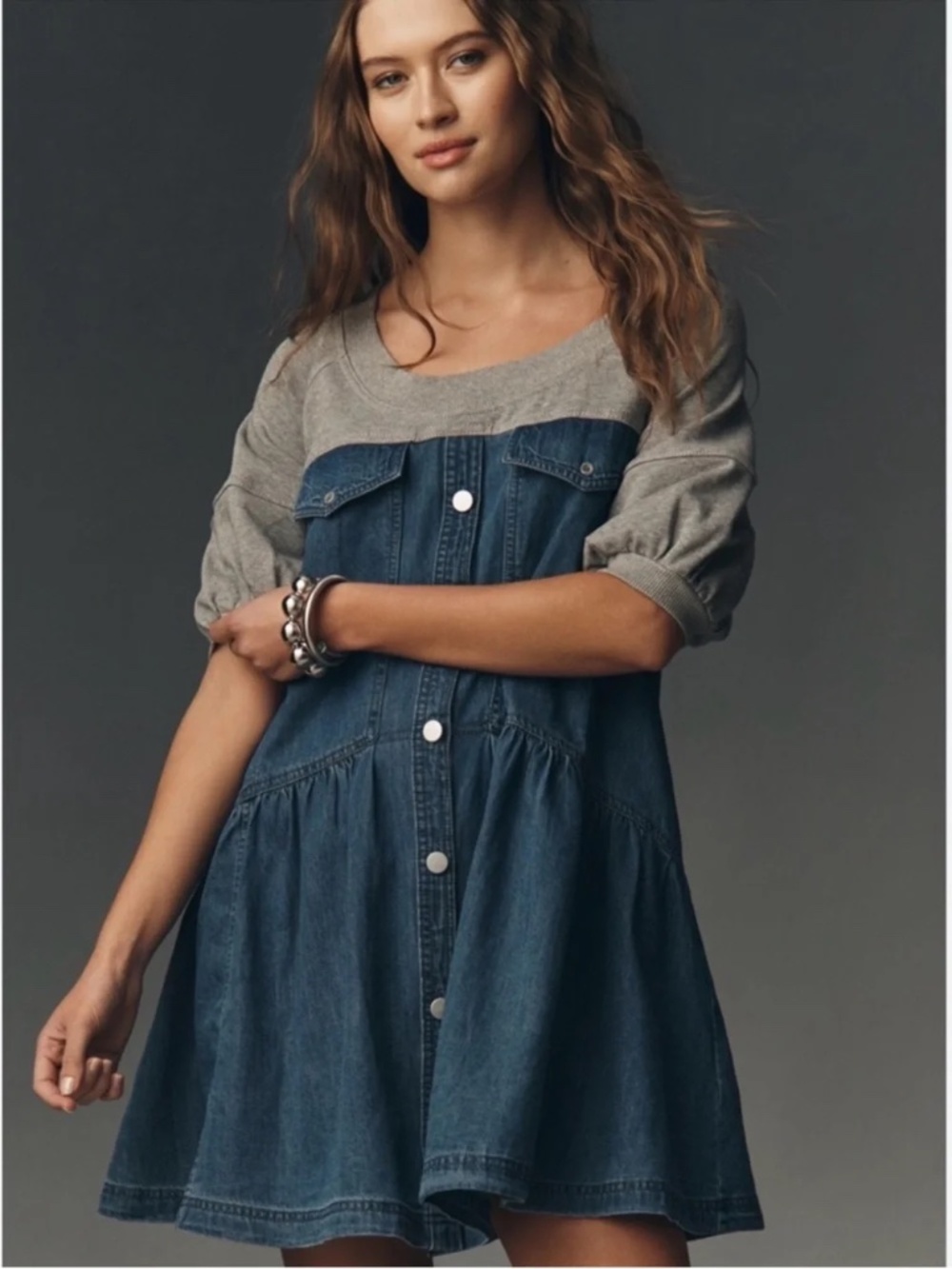 Anthropologie Pilcro Denim Sweatshirt Twofer Swing Dress in Medium Denim size M